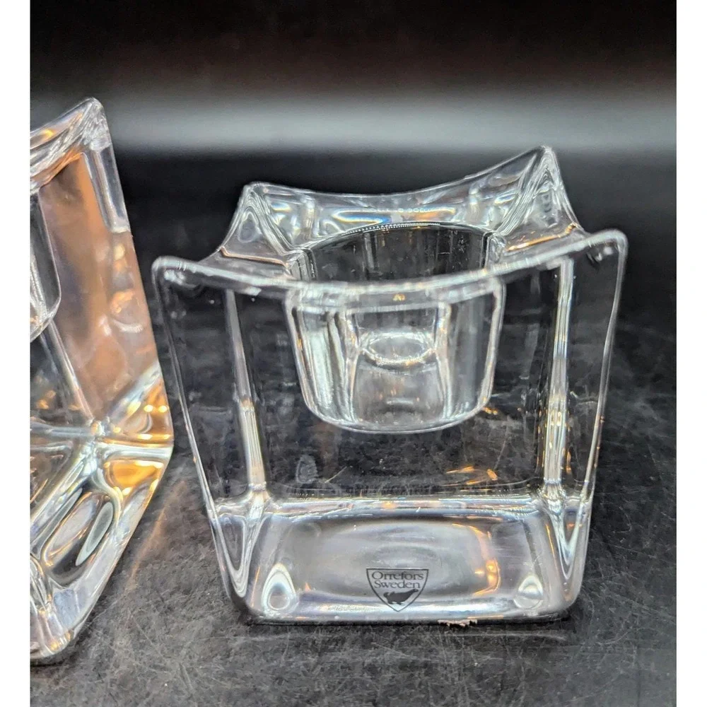 Set of 2 Orrefors Crystal Polaris Clear Votive Candle Holders Square Ice‎